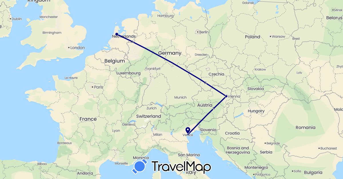 TravelMap itinerary: driving in Austria, Italy, Netherlands (Europe)